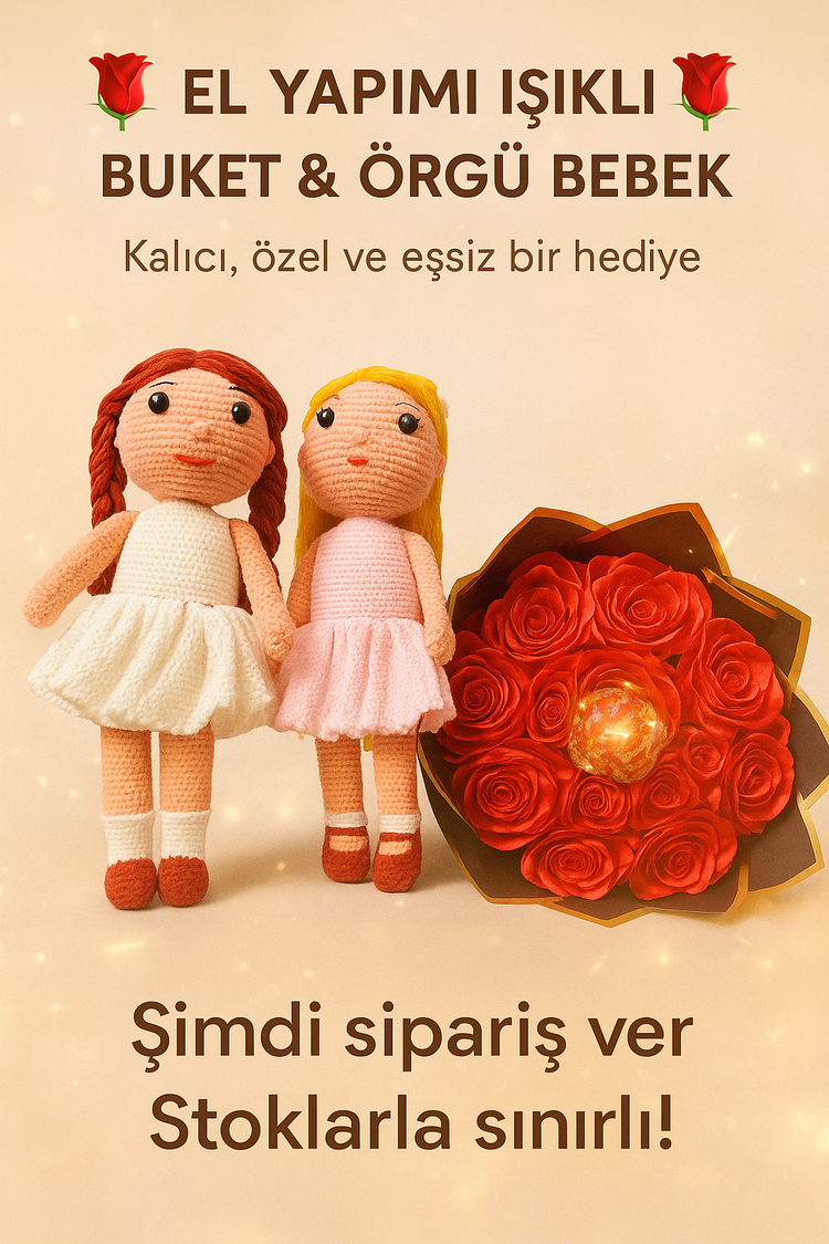 2 adet el örgüsü bebek, saten ışıklı buket