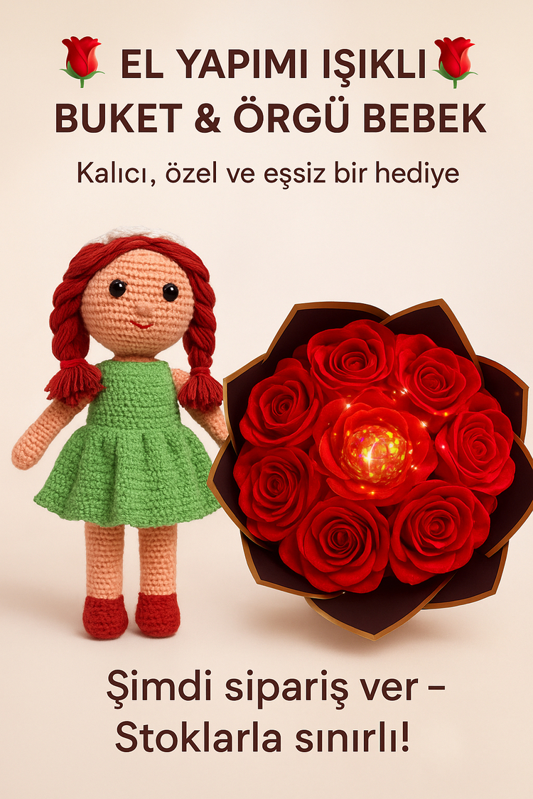 1 adet el örgüsü bebek , saten ışıklı buket