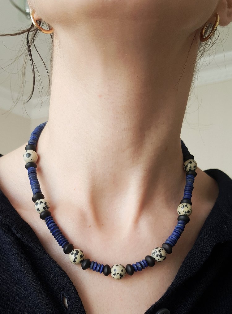ELPİS Sereia | Lapis Lazuli - Dalmaçyalı Jasper Doğal Taş Tasarım Kolye 