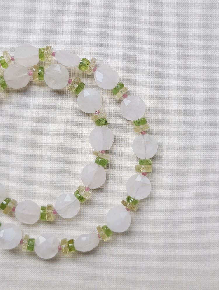 ELPİS Water Lily Pink | Pembe Kuvars - Limon Kuvars - Peridot Doğal Taş Tasarım Kolye
