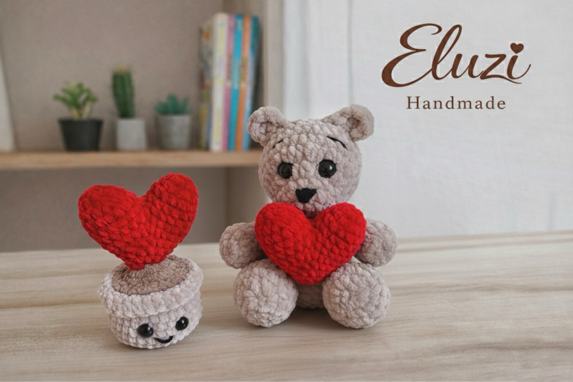  Sevgililer Günü Özel El Yapımı Hediye Seti – Amigurumi Ayıcık & Kalpli Saksı