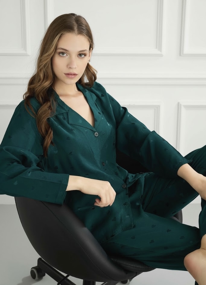 Yeşil Kalpli Uzun Kollu Pijama Takımı