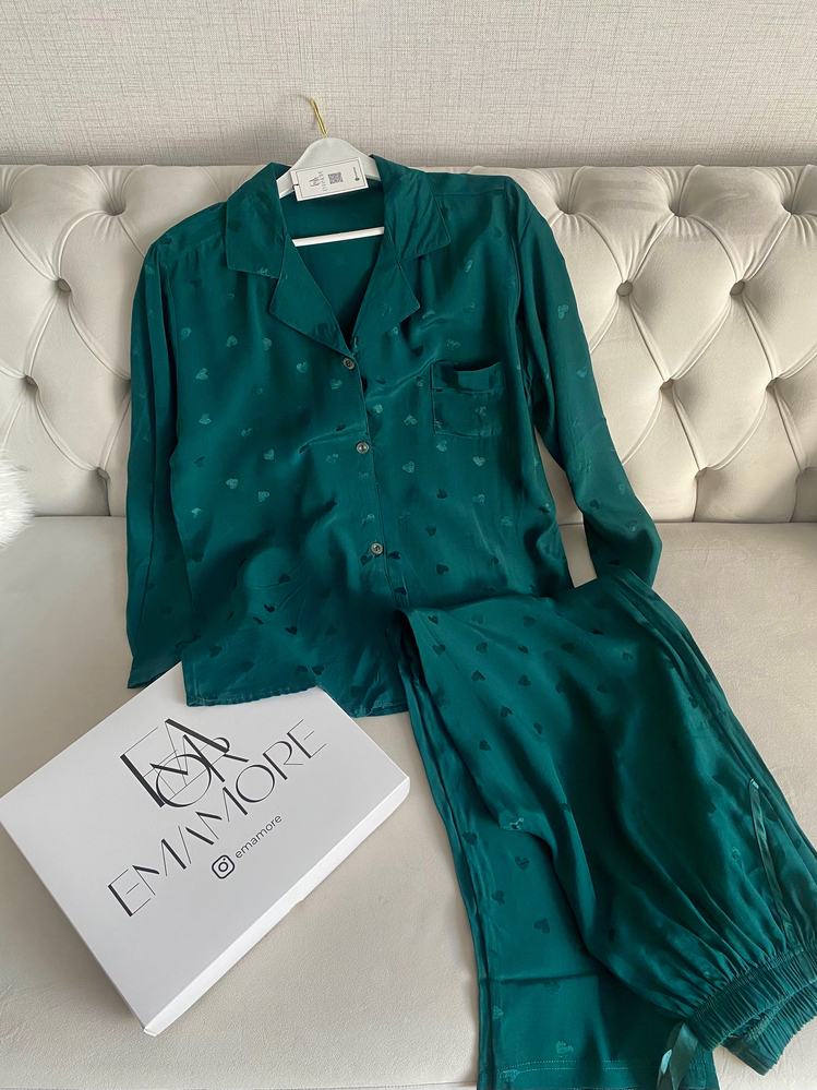 Yeşil Kalpli Uzun Kollu Pijama Takımı