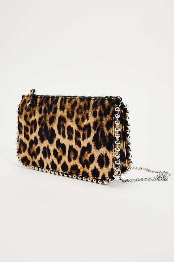 Leopar Zincirli Kenarları Boncuk Detaylı Clutch ve Omuz Çantası