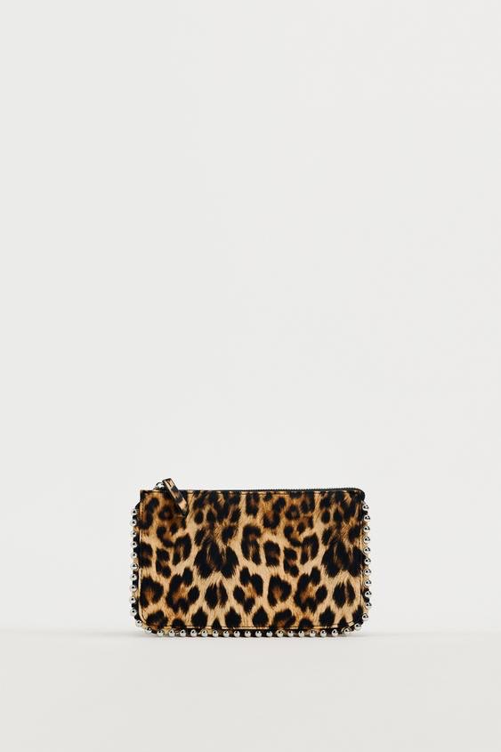 Leopar Zincirli Kenarları Boncuk Detaylı Clutch ve Omuz Çantası