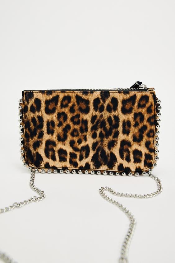 Leopar Zincirli Kenarları Boncuk Detaylı Clutch ve Omuz Çantası