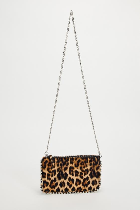 Leopar Zincirli Kenarları Boncuk Detaylı Clutch ve Omuz Çantası