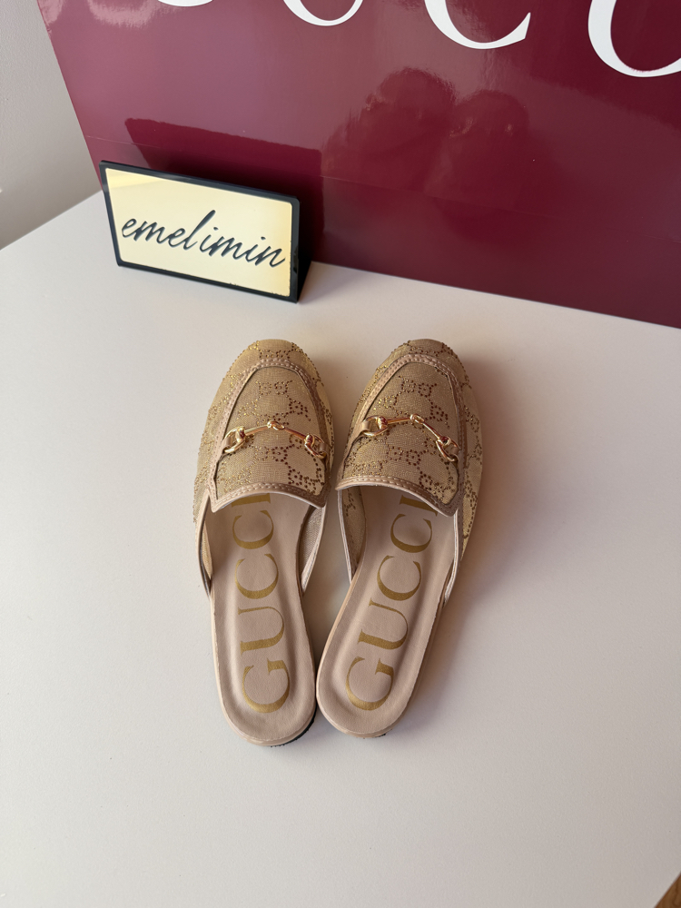 Gucci Bej Fileli Taşlı Terlik