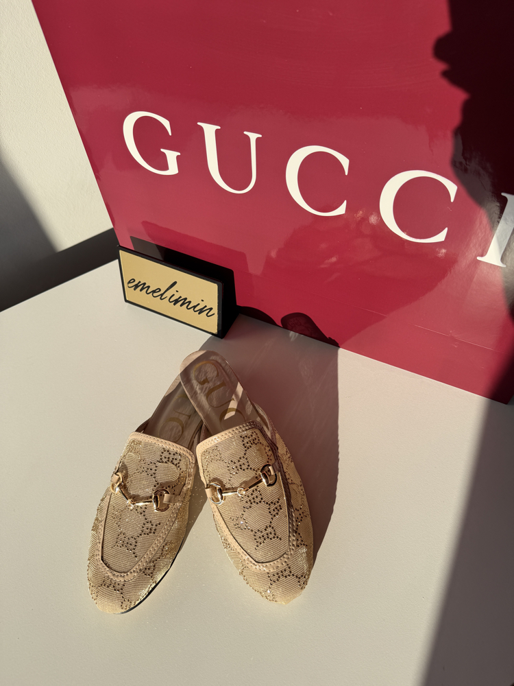 Gucci Bej Fileli Taşlı Terlik