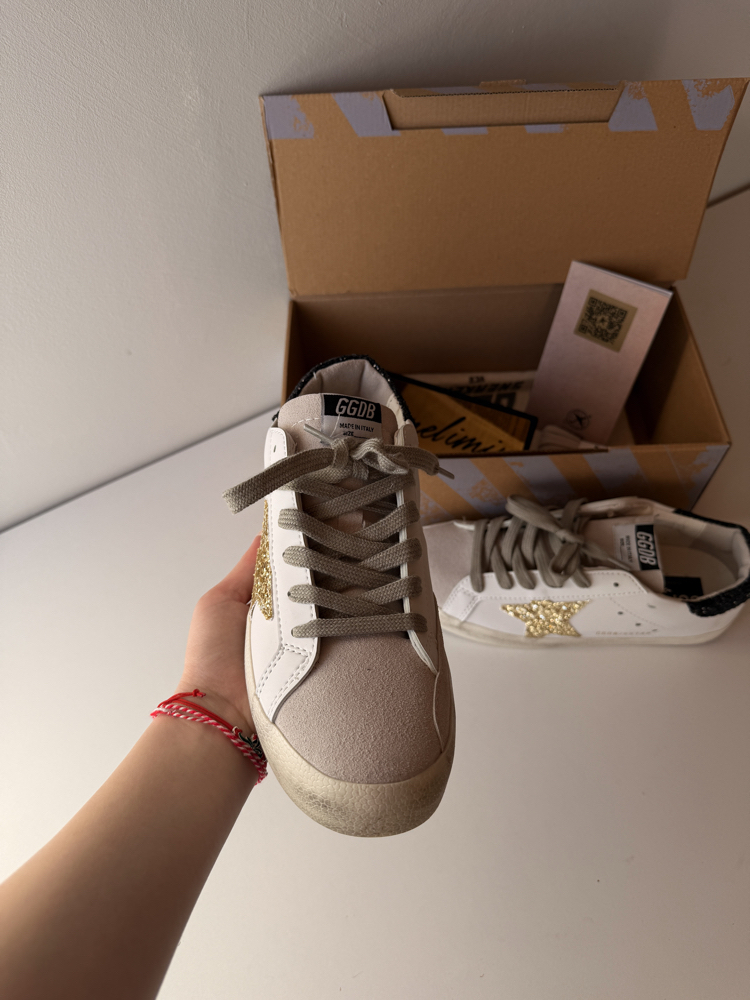 Golden Goose Deluxe Gold Glitter Star & Black Tab