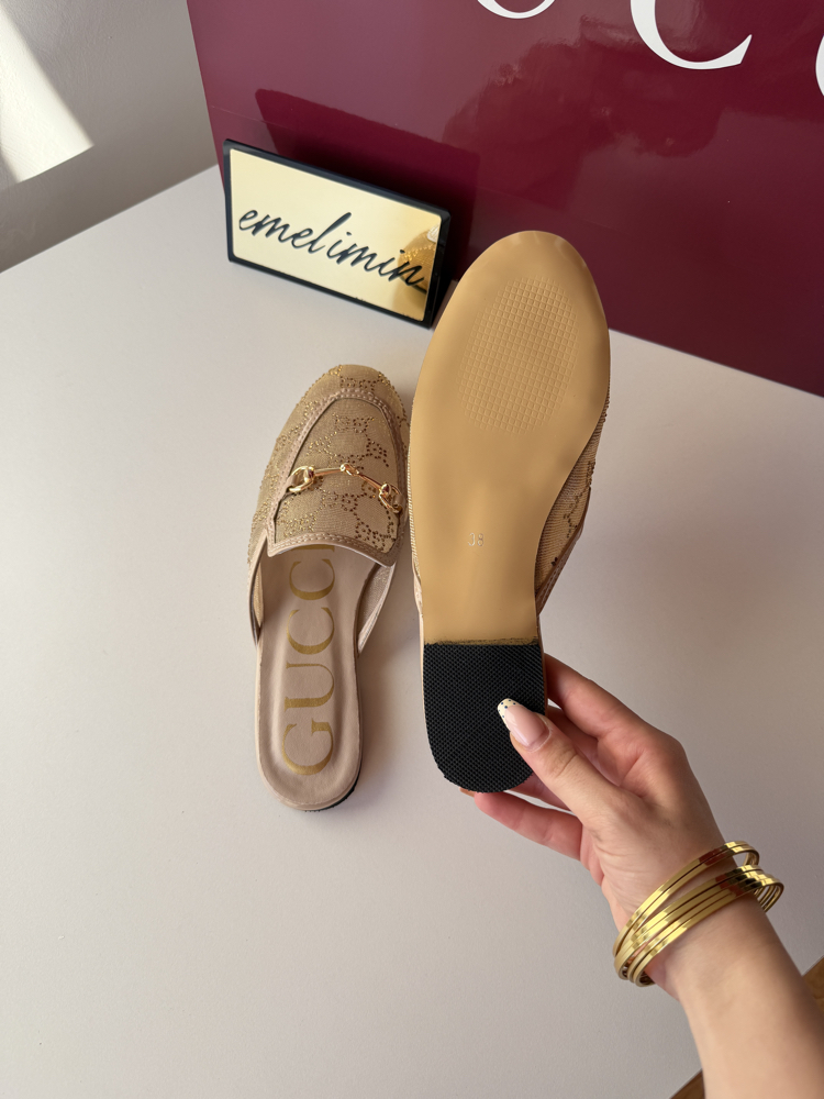 Gucci Bej Fileli Taşlı Terlik