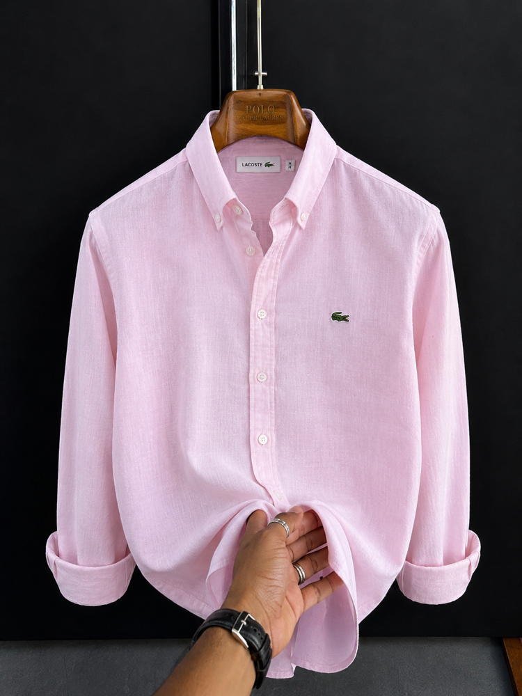 Lacoste-Pembe-Ham Keten Gömlek- Yazlık