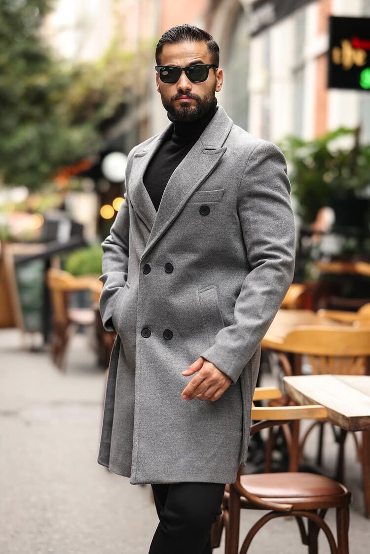 Kod : 2504 Gri Erkek Modern Fit Kaşe Kaban 