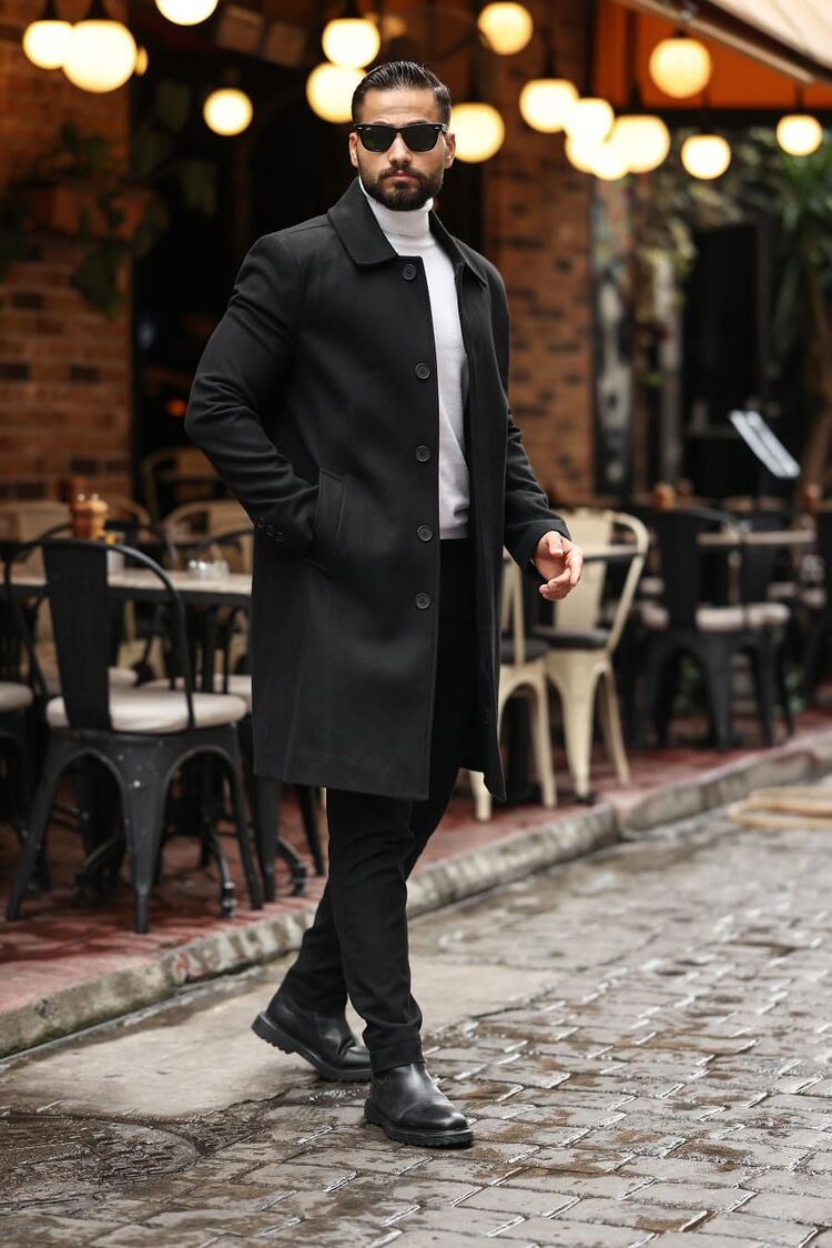 Kod : 2505 , Siyah Erkek Modern Fit Kaşe Kaban