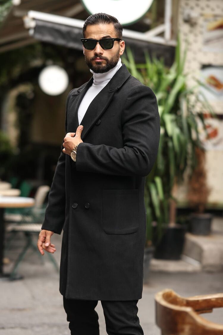 Model kodu: 2503 , Siyah Erkek Modern Fit Kaşe Kaban 