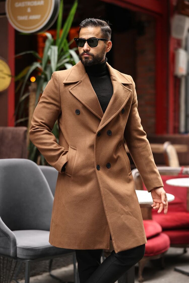 Kod : 2507 , Taba Erkek Modern Fit Kaşe Kaban 