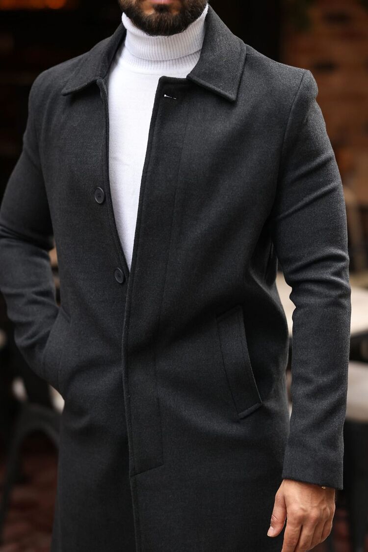 Kod : 2505 , Antrasit Erkek Modern Fit Kaşe Kaban