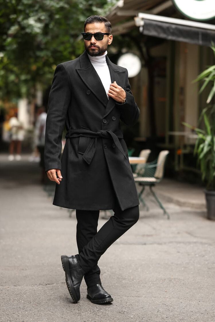 Kod:2504 Siyah Erkek Modern Fit Kaşe Kaban 