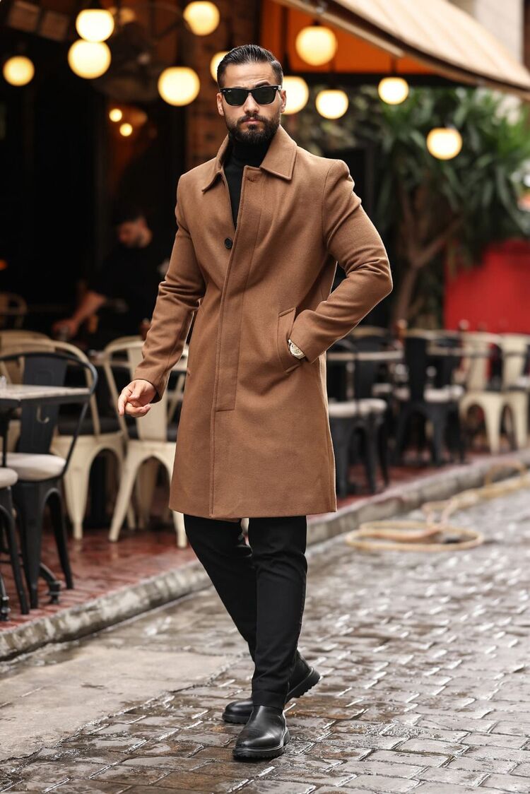 Kod : 2505 , Taba Erkek Modern Fit Kaşe Kaban