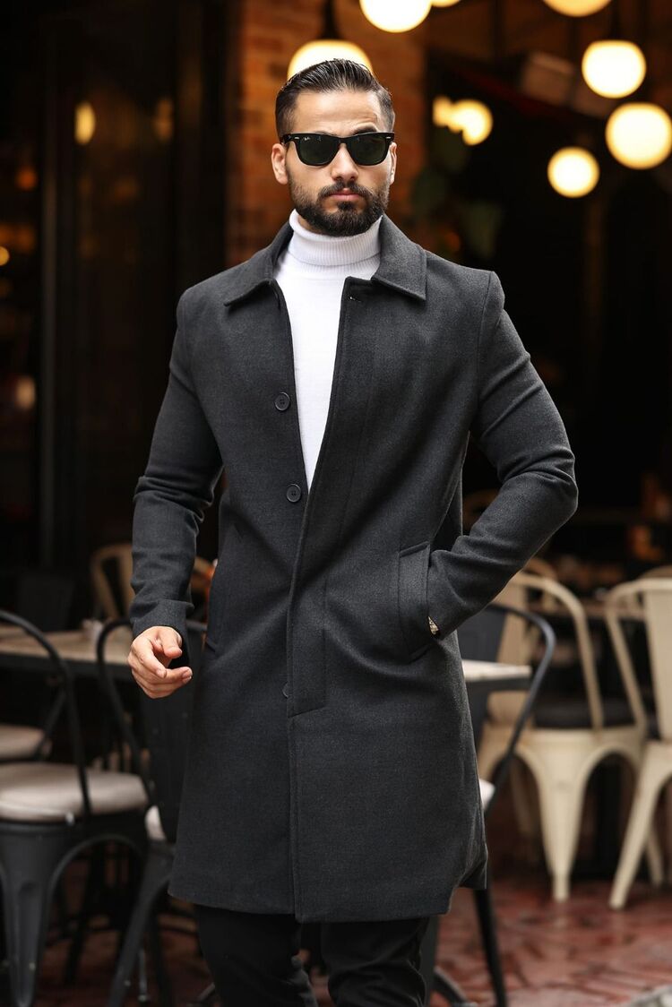 Kod : 2505 , Antrasit Erkek Modern Fit Kaşe Kaban
