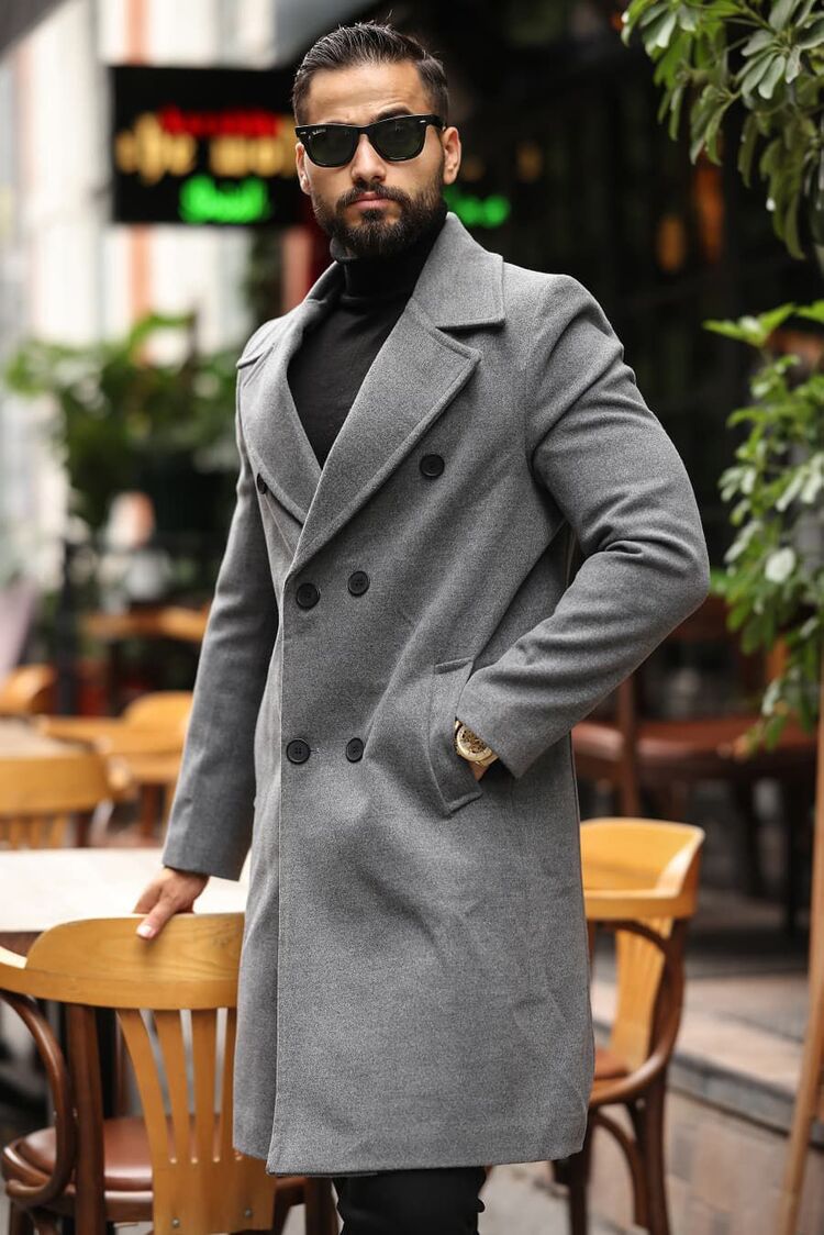 Kod : 2507 , Gri Erkek Modern Fit Kaşe Kaban 