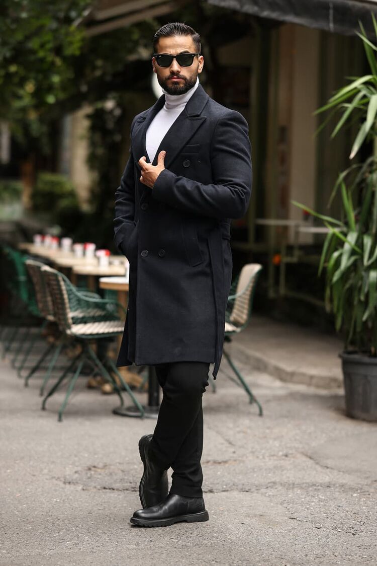 Kod : 2504 , Lacivert Erkek Modern Fit Kaşe Kaban


