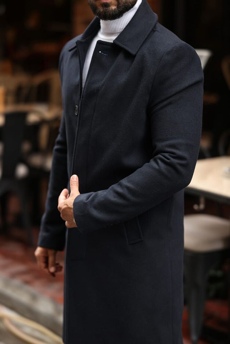 Kod : 2505 , Lacivert Erkek Modern Fit Kaşe Kaban