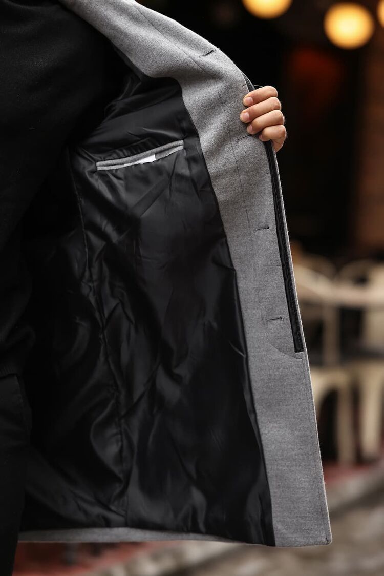 Kod : 2501 , Gri Erkek Modern Fit Kaşe Kaban 