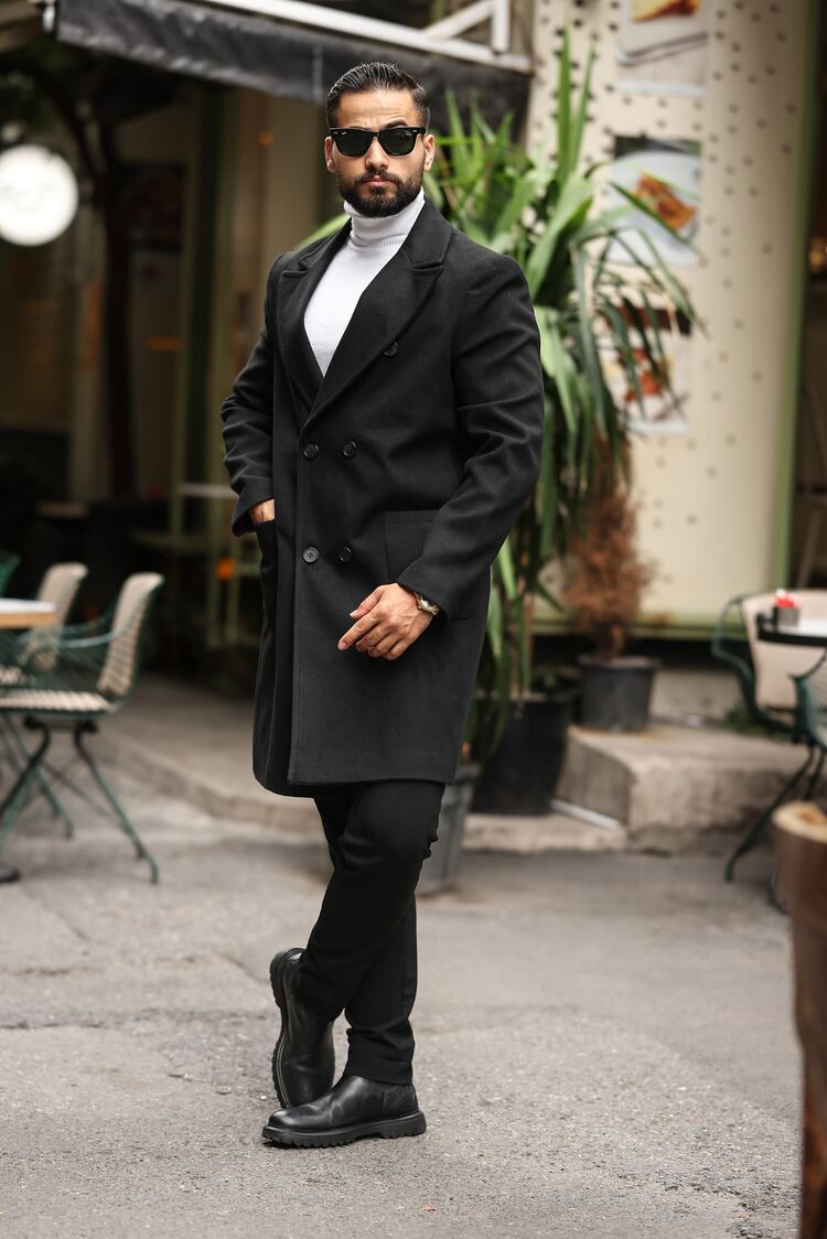 Model kodu: 2503 , Siyah Erkek Modern Fit Kaşe Kaban 