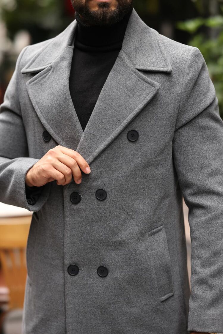 Kod : 2507 , Gri Erkek Modern Fit Kaşe Kaban 