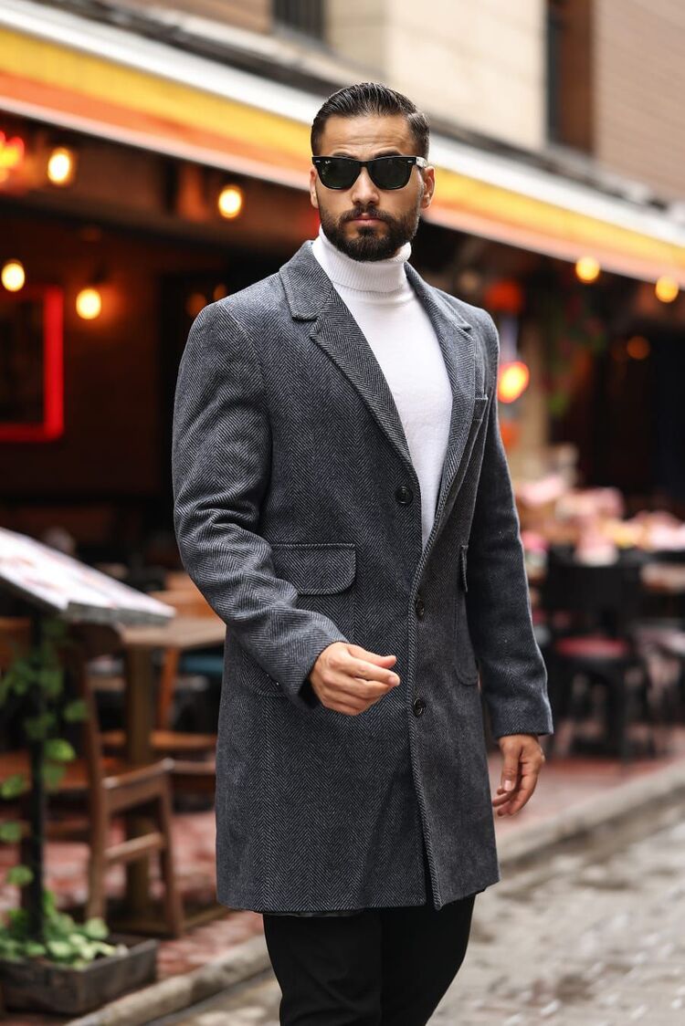 Kod : 2506 , Antrasit Renk Balık Sırtı Desenli  Erkek  Modern Fit Kaşe Kaban