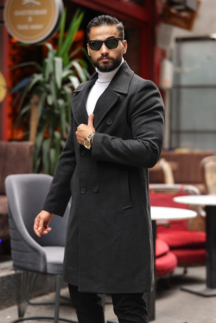Kod : 2507 , Antrasit Erkek Modern Fit Kaşe Kaban 