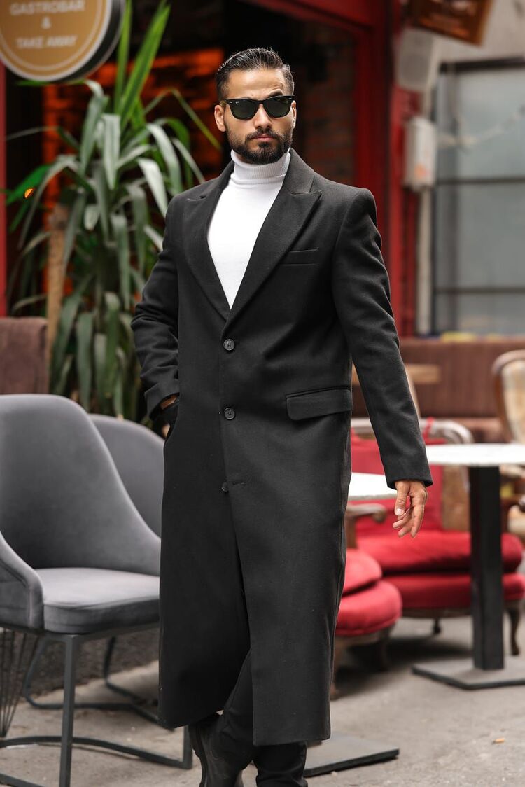Kod: 2502 | Siyah Erkek Modern Fit Kaşe Kaban – Diz Altına Uzanan En Uzun Model 