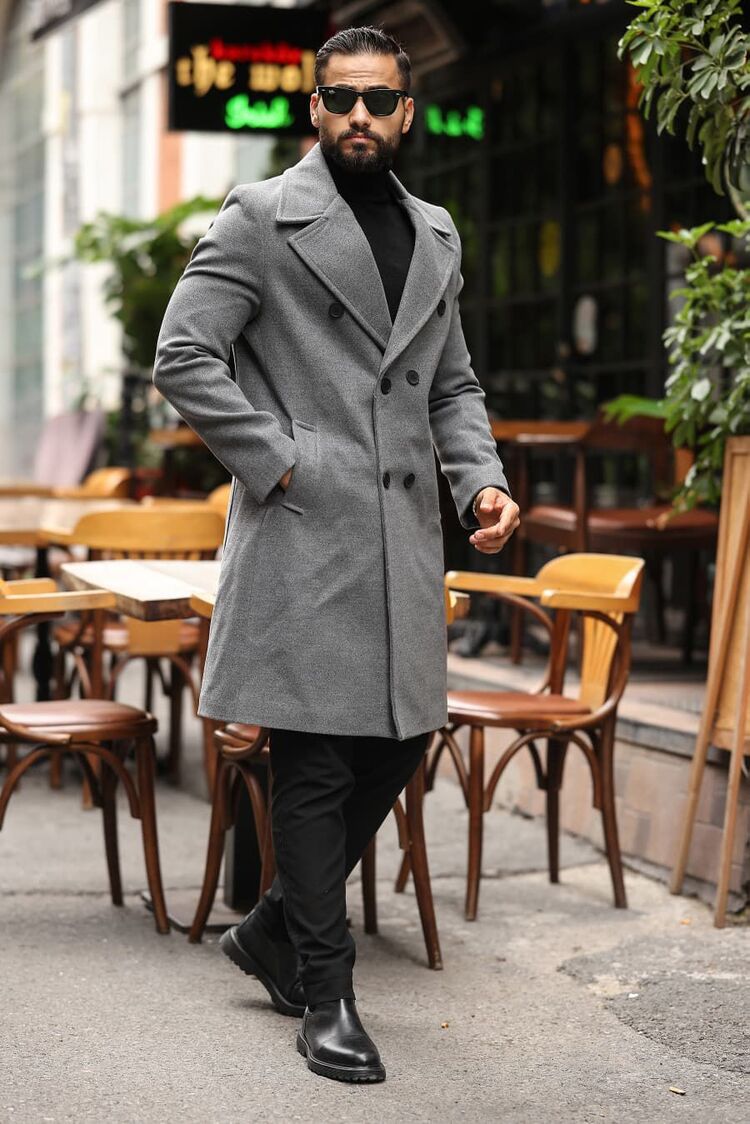 Kod : 2507 , Gri Erkek Modern Fit Kaşe Kaban 