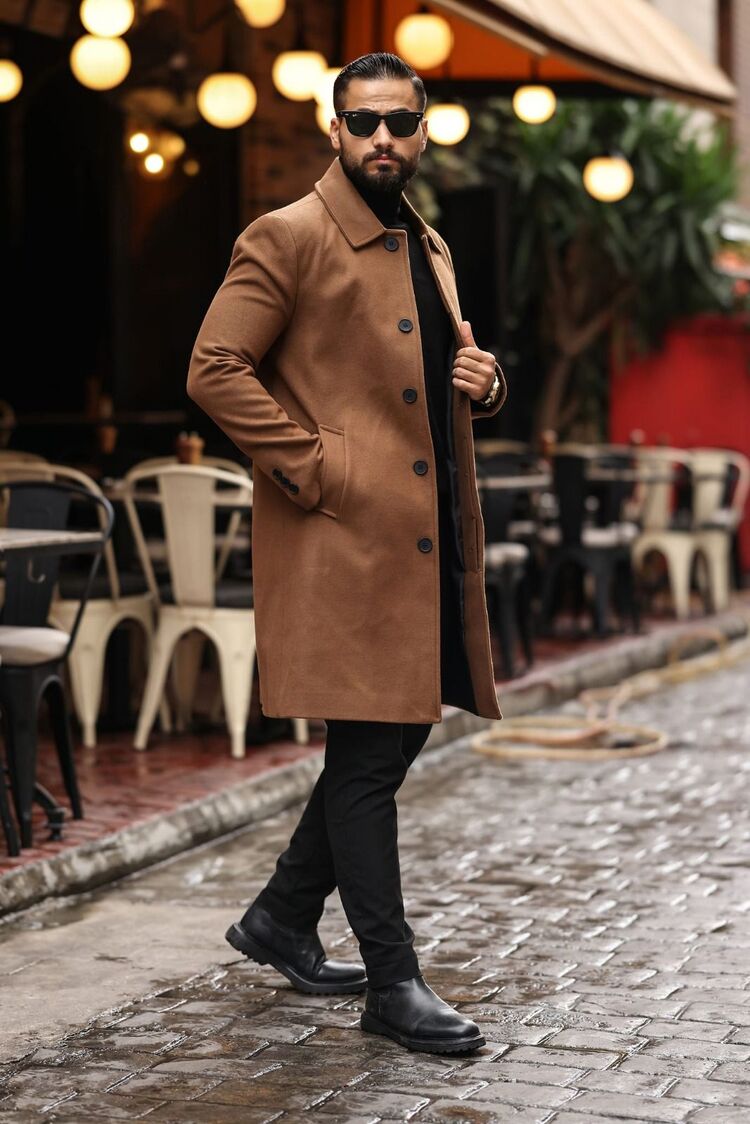 Kod : 2505 , Taba Erkek Modern Fit Kaşe Kaban