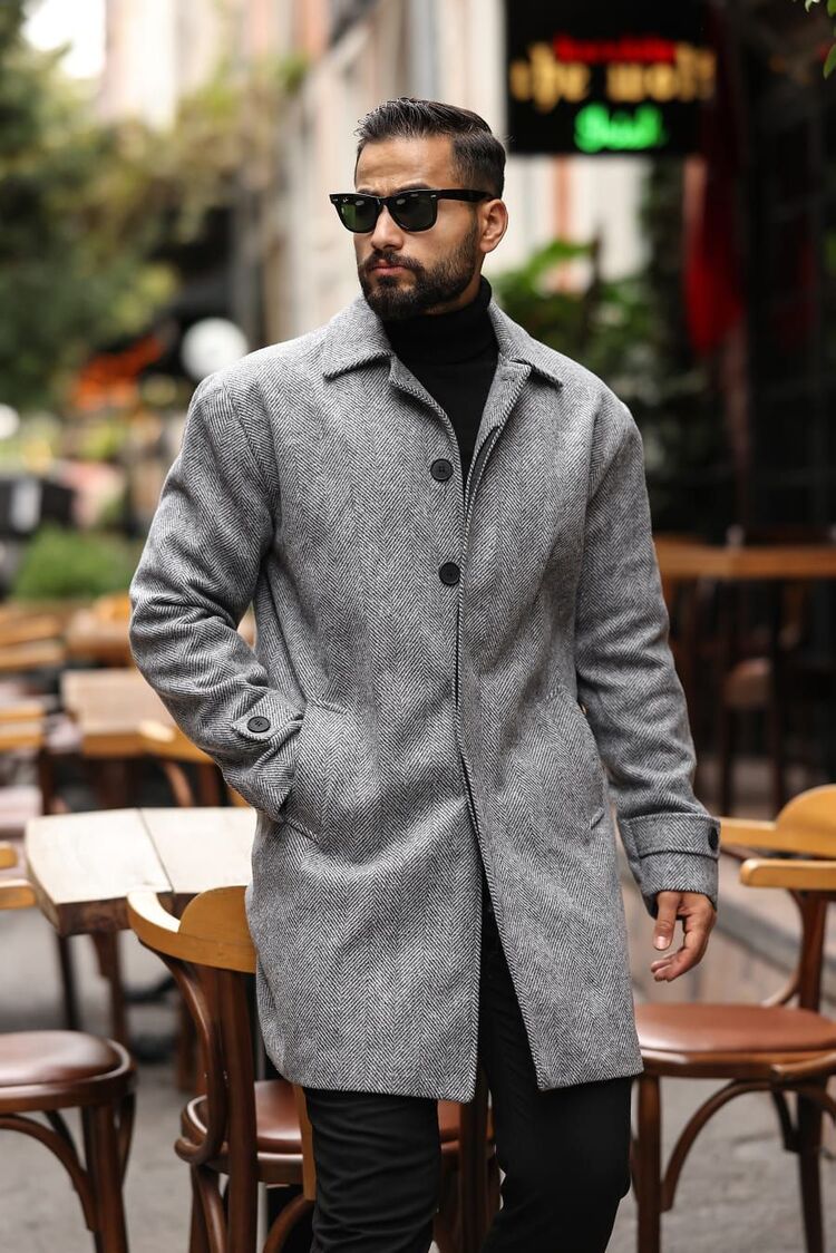 Kod : 2501 , Balık Sırtı desenli Gri Erkek Modern Fit Kaşe Kaban 