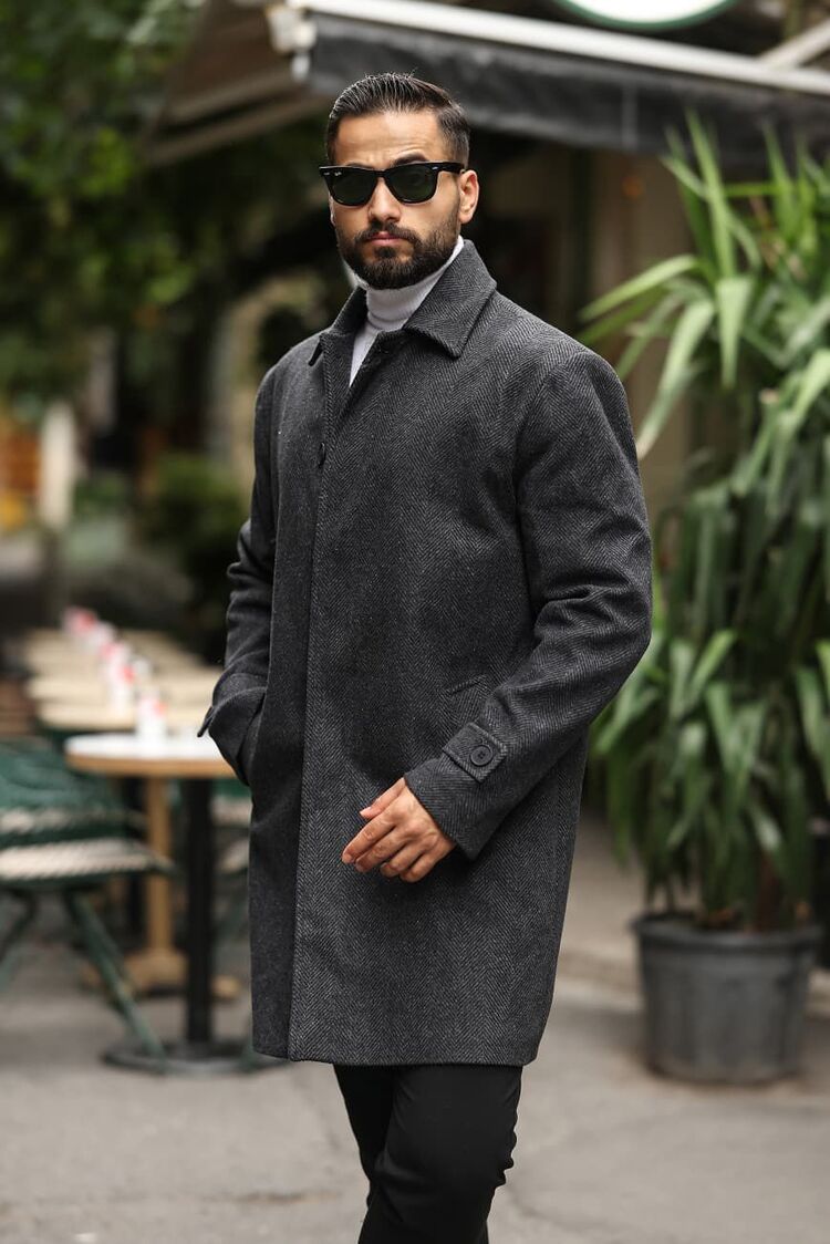 Kod : 2501 , Balık Sırtı desenli Antrasit Erkek Modern Fit Kaşe Kaban 