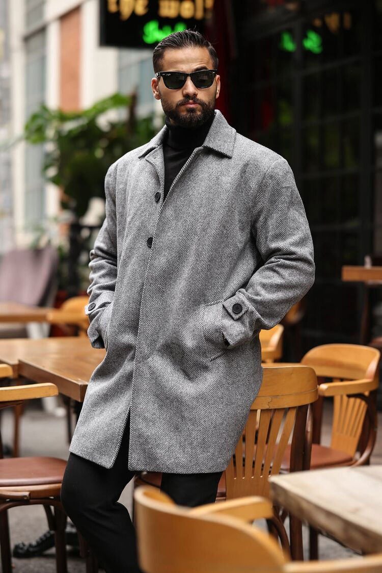 Kod : 2501 , Balık Sırtı desenli Gri Erkek Modern Fit Kaşe Kaban 