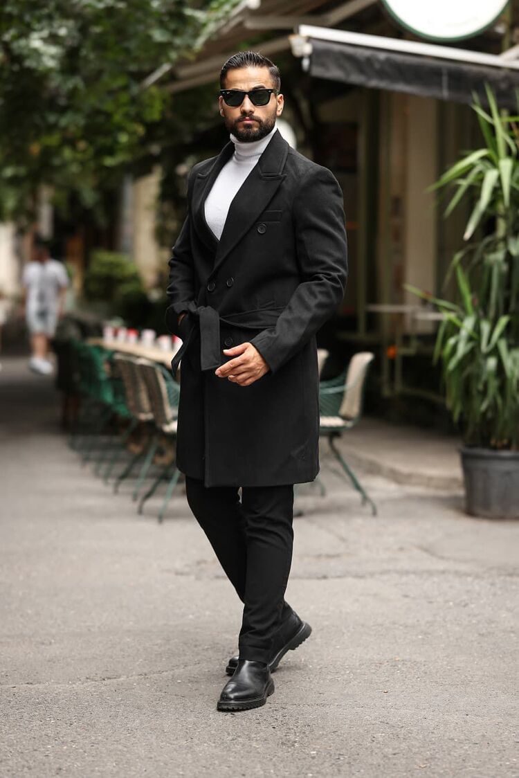 Kod:2504 Siyah Erkek Modern Fit Kaşe Kaban 