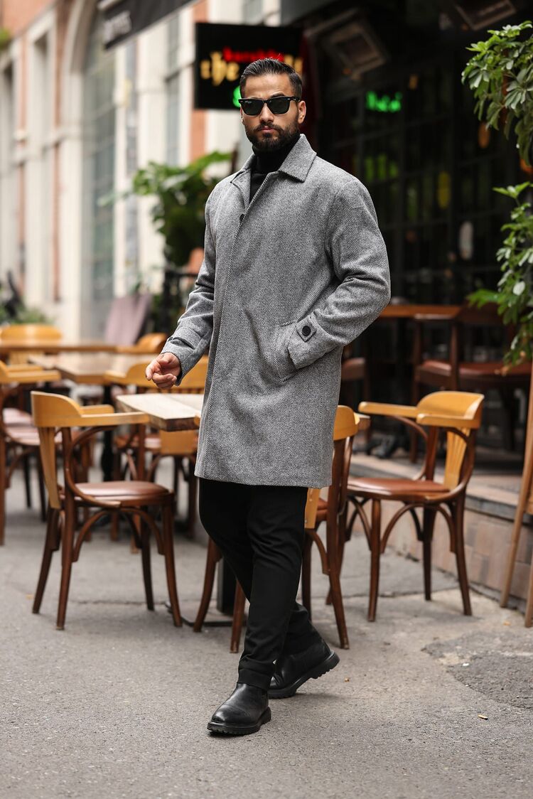 Kod : 2501 , Balık Sırtı desenli Gri Erkek Modern Fit Kaşe Kaban 