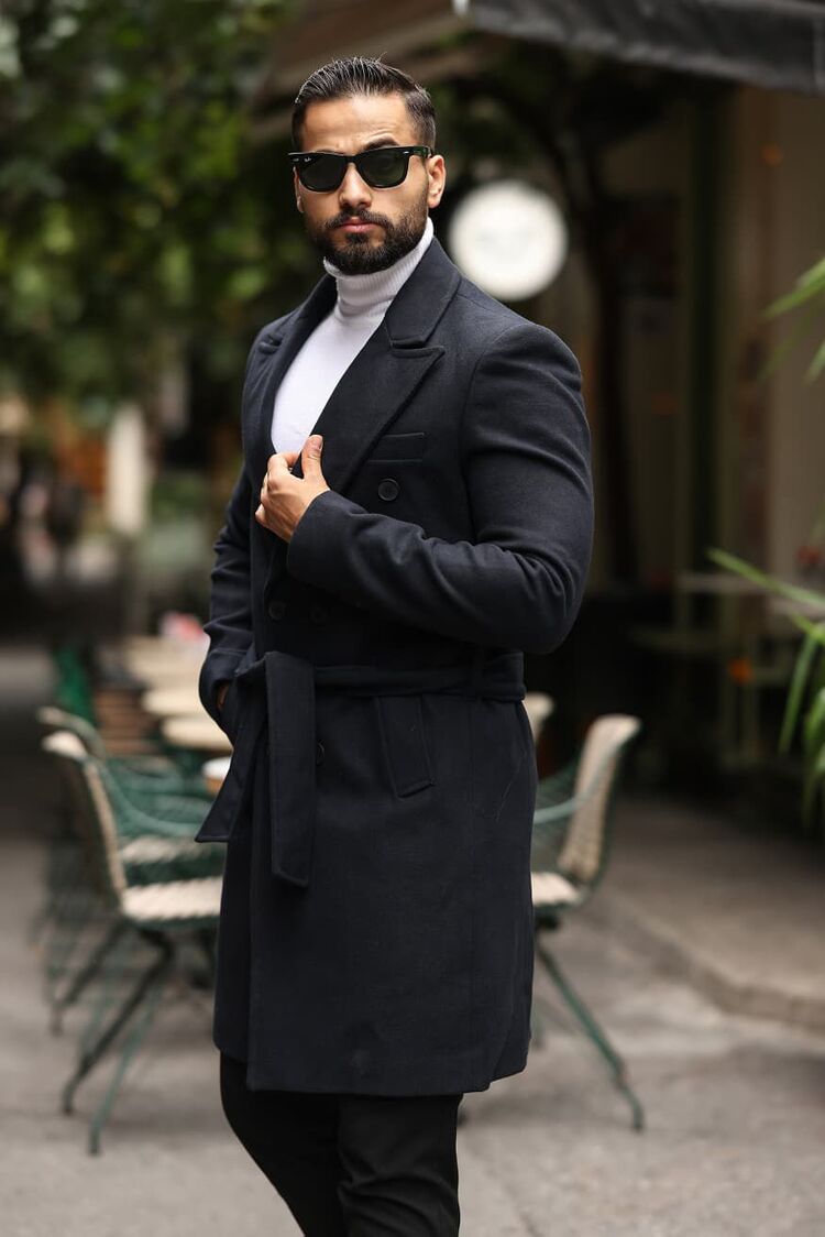 Kod : 2504 , Lacivert Erkek Modern Fit Kaşe Kaban


