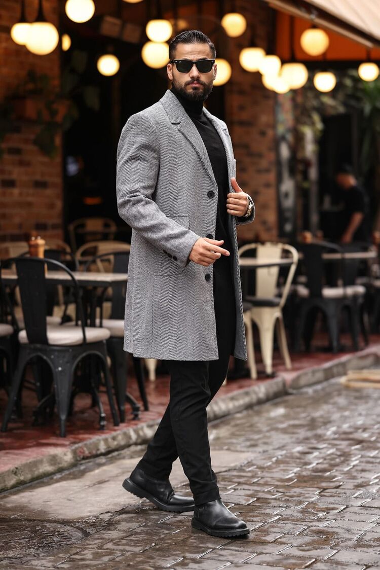 Kod : 2506 , Gri Renk Balık Sırtı Desenli  Erkek  Modern Fit Kaşe Kaban