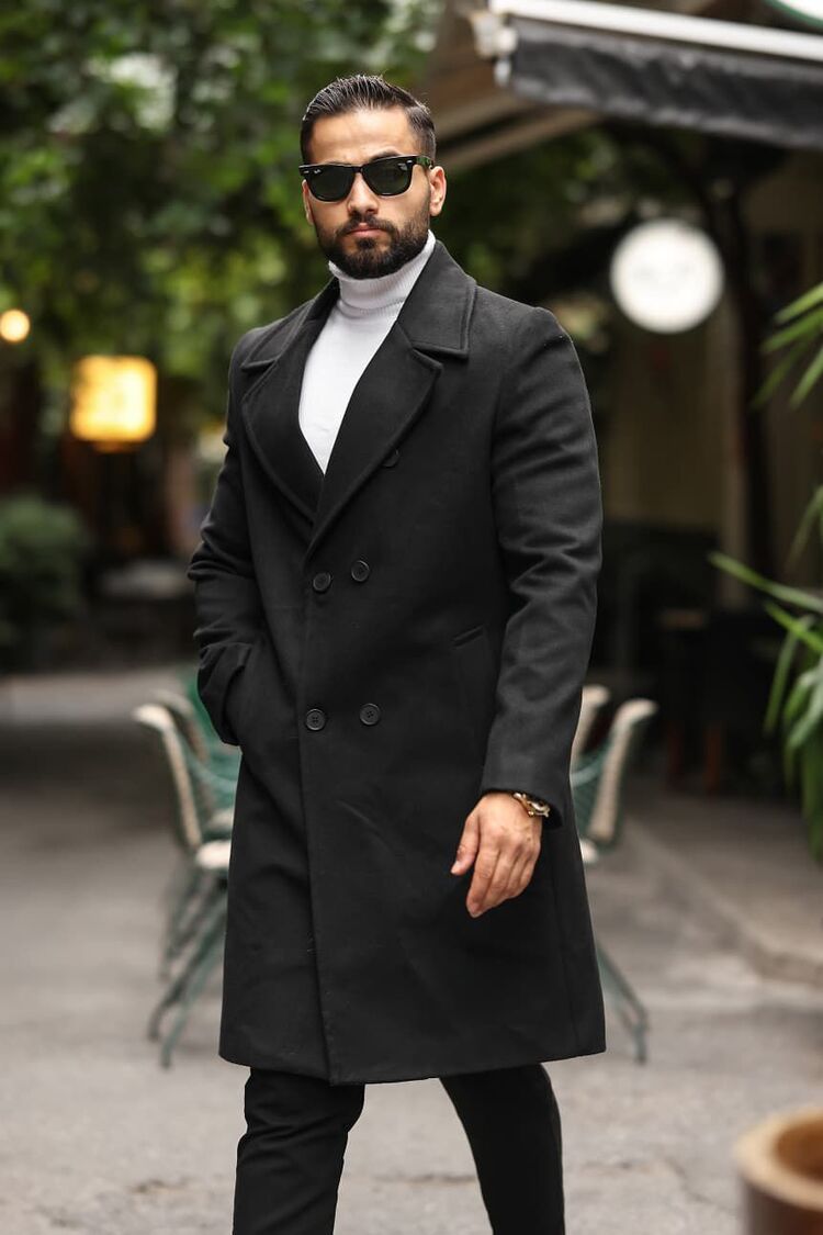 Kod : 2507 , Siyah Erkek Modern Fit Kaşe Kaban 