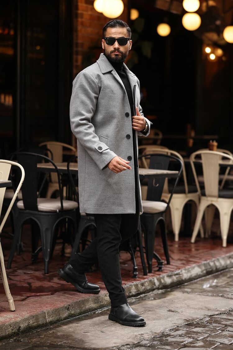 Kod : 2501 , Gri Erkek Modern Fit Kaşe Kaban 