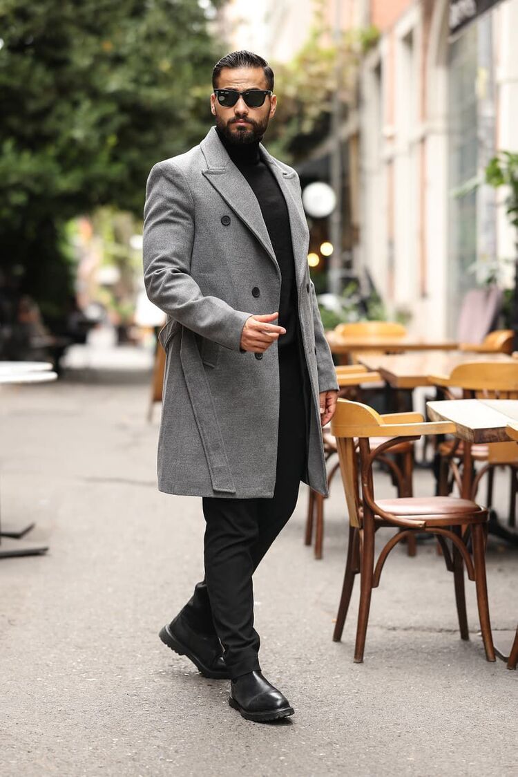 Kod : 2507 , Gri Erkek Modern Fit Kaşe Kaban 