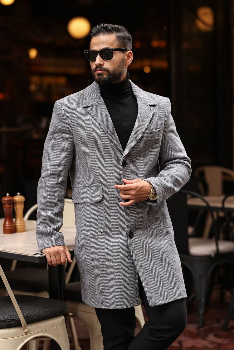 Kod : 2506 , Gri Renk Balık Sırtı Desenli  Erkek  Modern Fit Kaşe Kaban