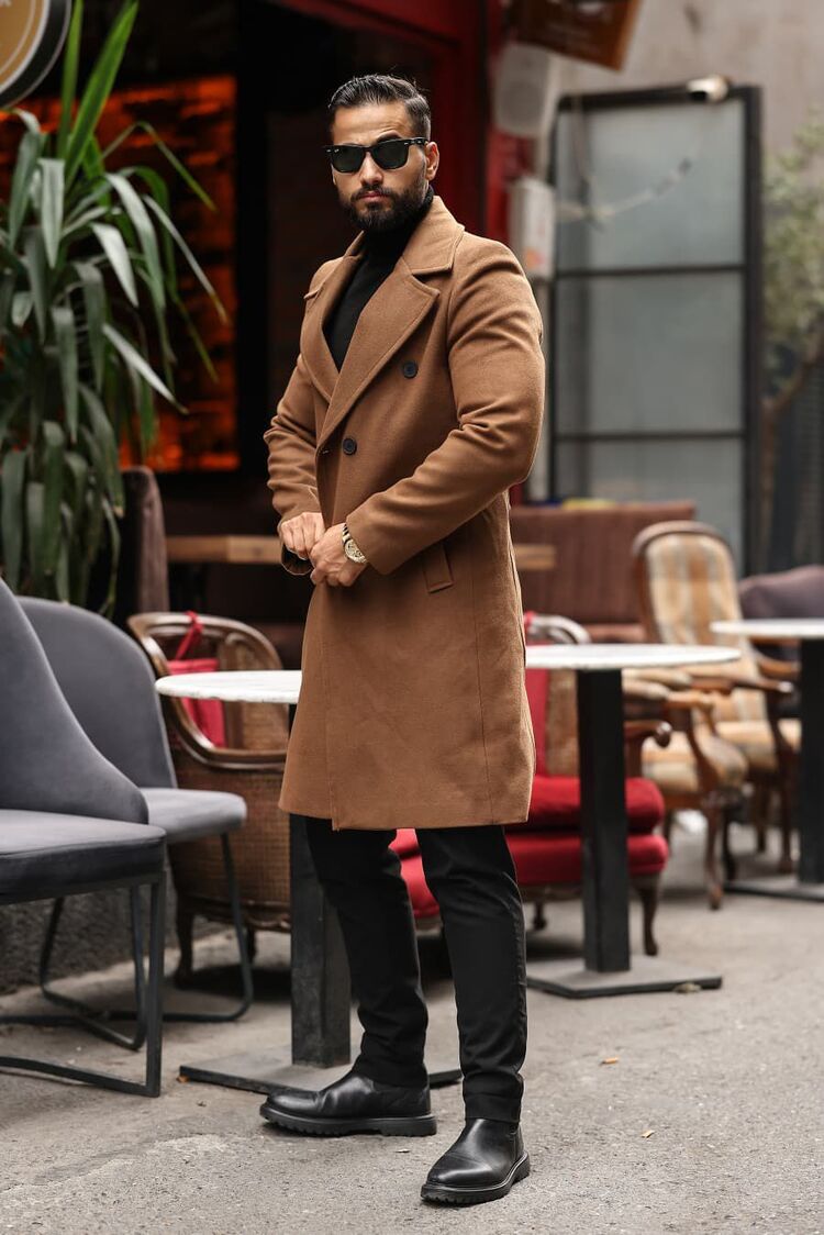 Kod : 2507 , Taba Erkek Modern Fit Kaşe Kaban 