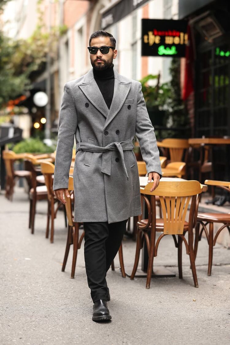 Kod : 2504 Gri Erkek Modern Fit Kaşe Kaban 