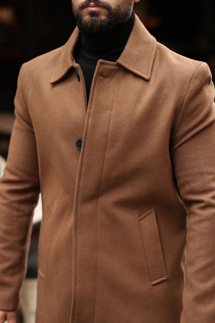 Kod : 2505 , Taba Erkek Modern Fit Kaşe Kaban