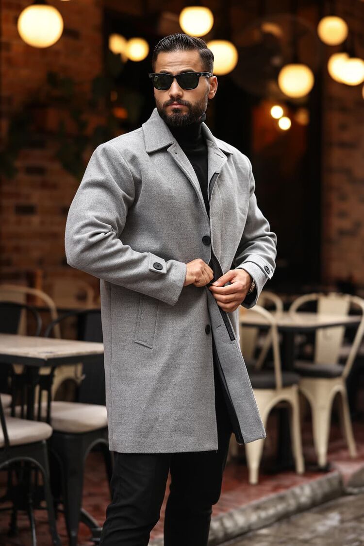Kod : 2501 , Gri Erkek Modern Fit Kaşe Kaban 